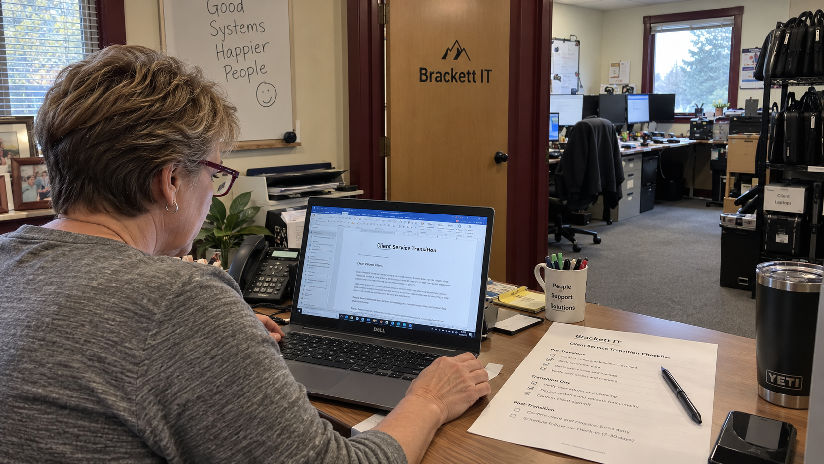 An MSP account manager drafts a discontinuing service letter beside the client transition checklist