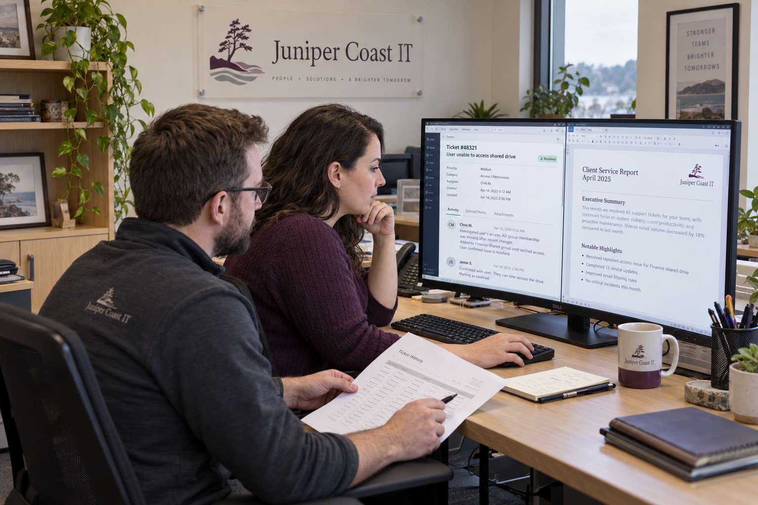 MSP staff checking AI for MSP ticket summaries against a source ticket before sending a client report
