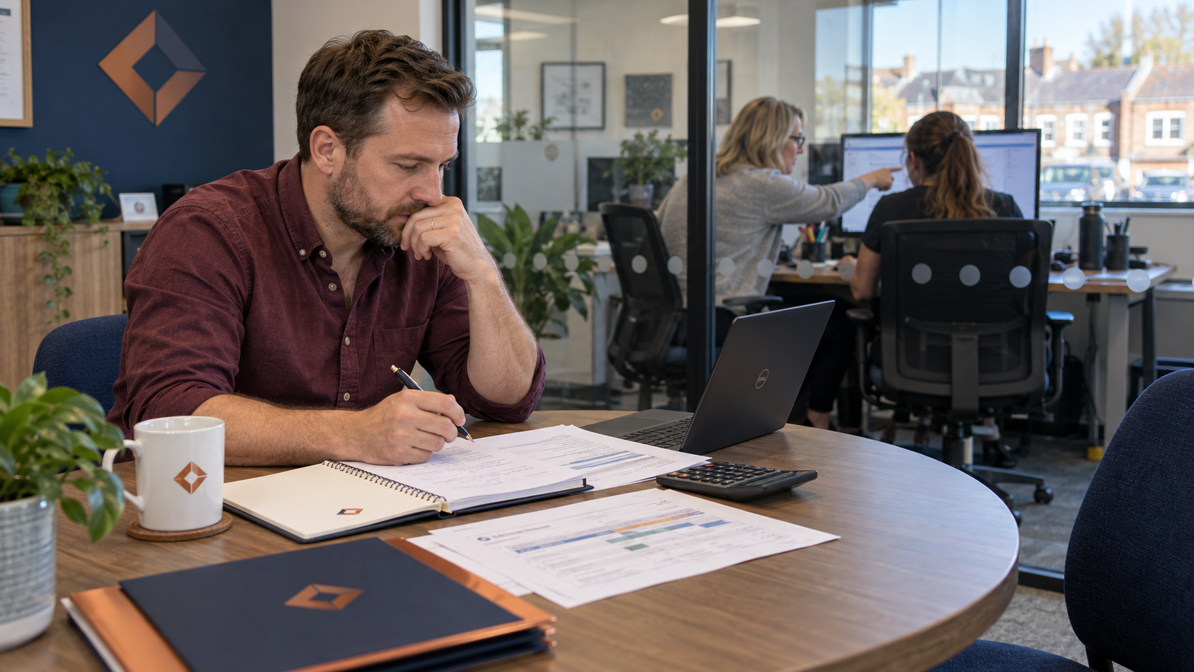 An owner calculates build vs buy talent costs on paper while colleagues work through a task at a monitor behind him.