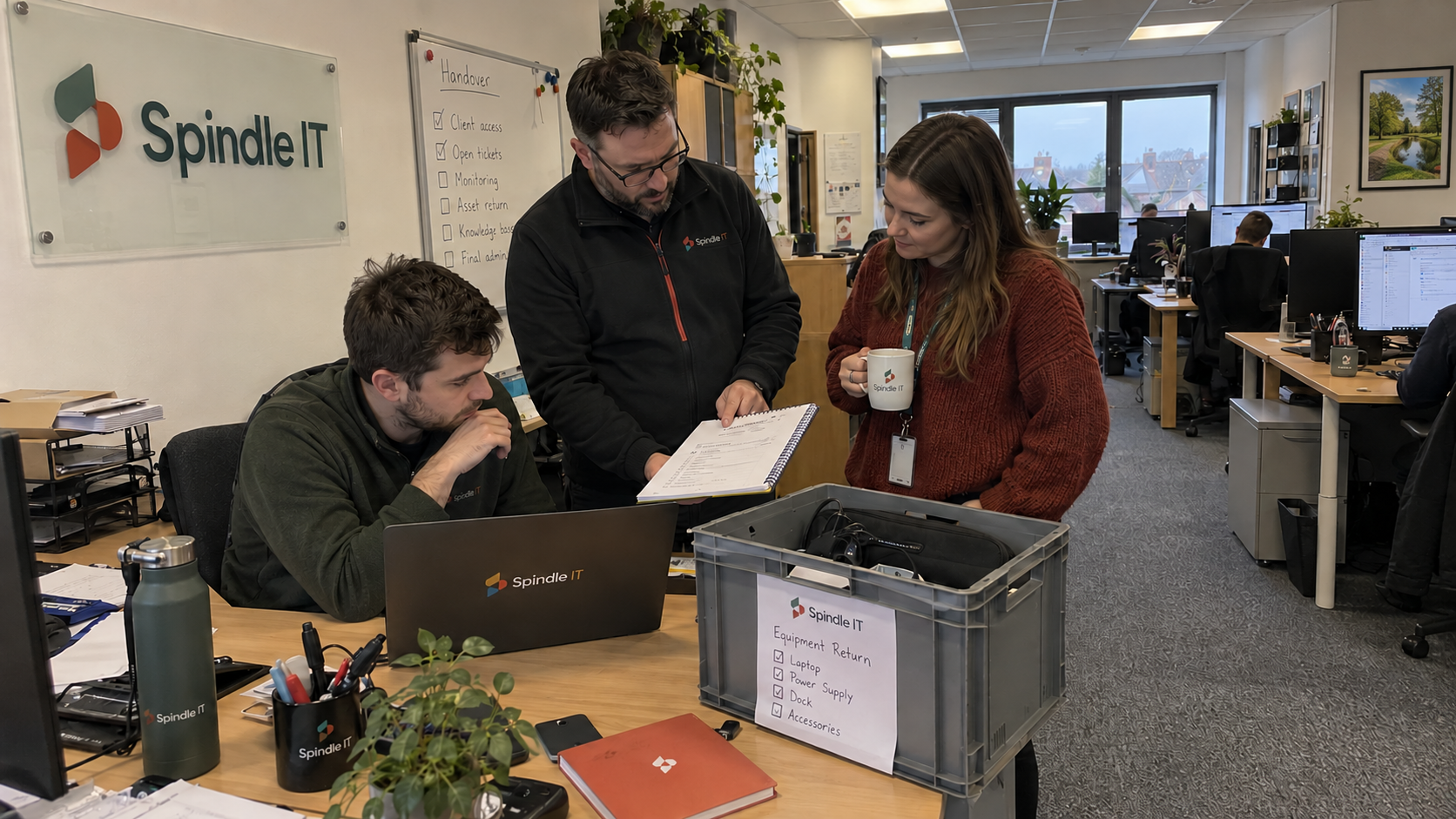 MSP colleagues review an employee handover checklist beside returned equipment and a laptop