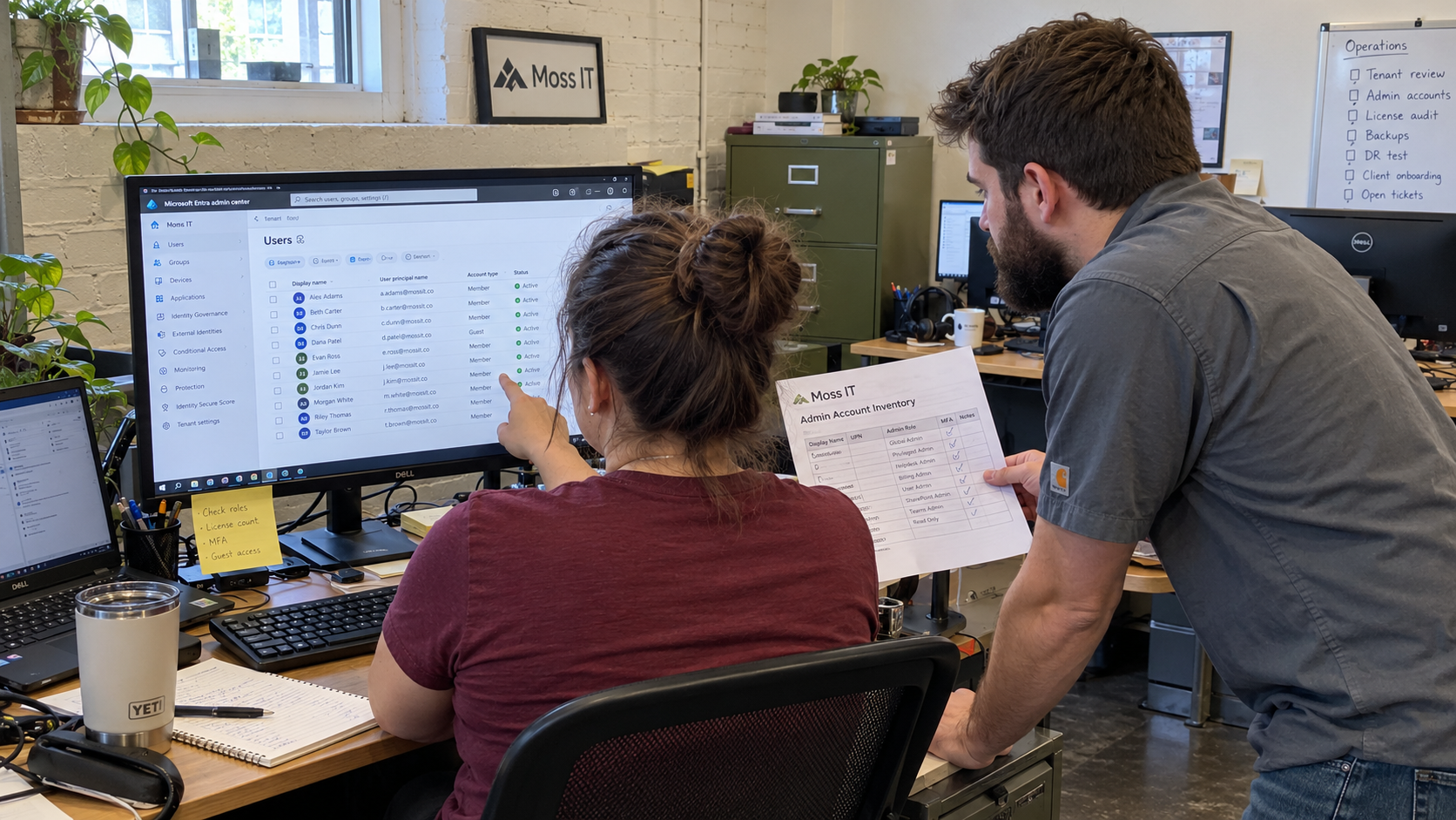 MSP technicians check administrator accounts during a cybersecurity self assessment
