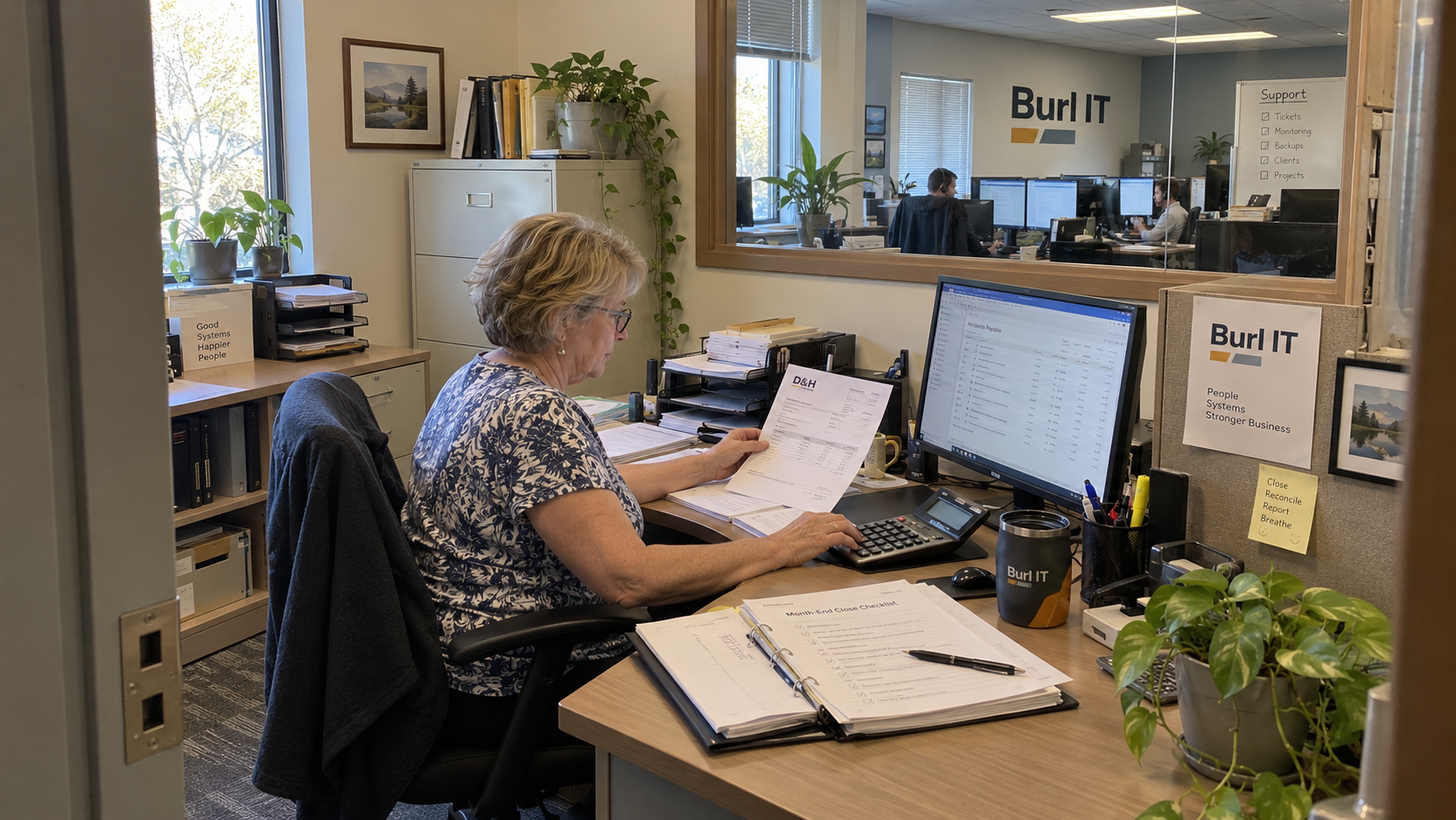 MSP bookkeeper checks a supplier bill and accounting records beside her month end close checklist