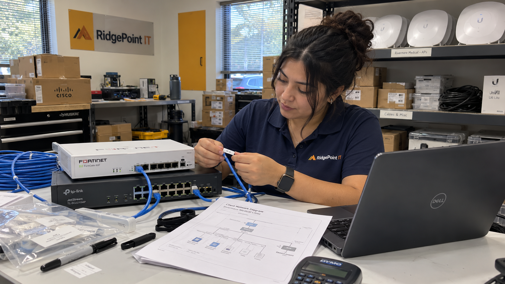 MSP technician labels network cables beside a small business network design and staged client devices