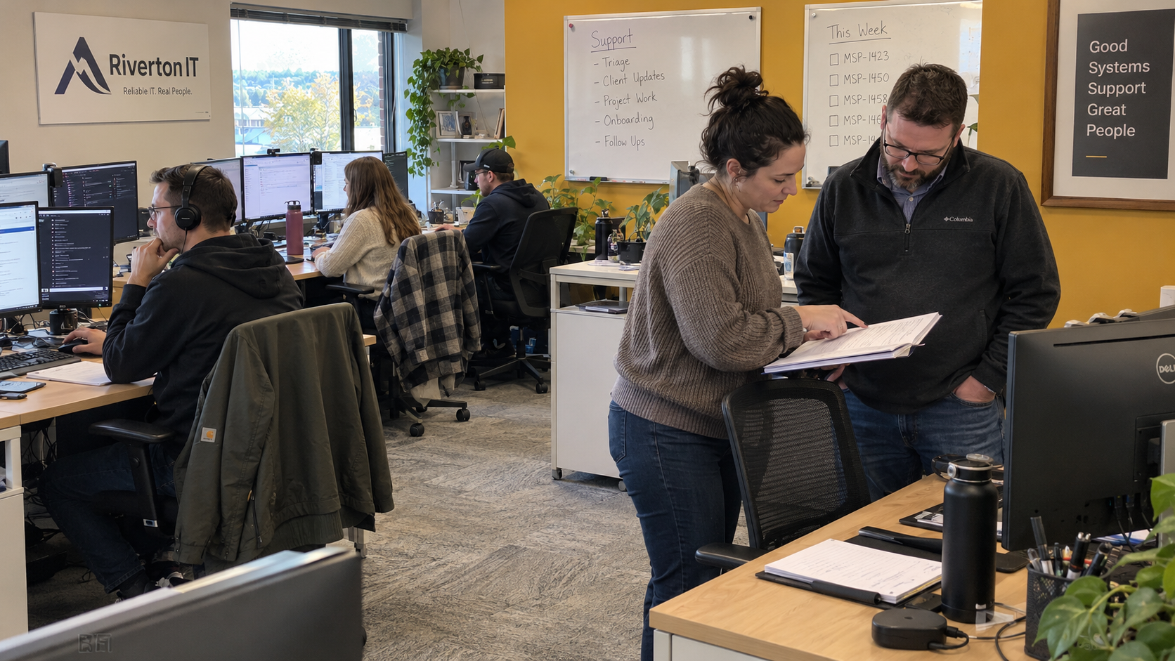 Two MSP colleagues review a staffing roster while technicians handle support work at nearby desks.