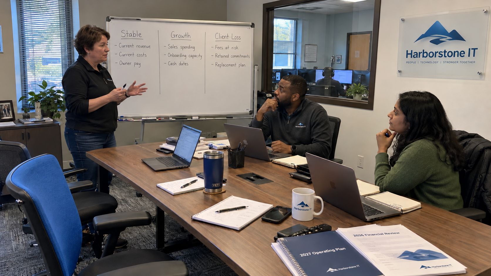 MSP leadership team compares stable, growth, and client-loss cases during financial scenario planning