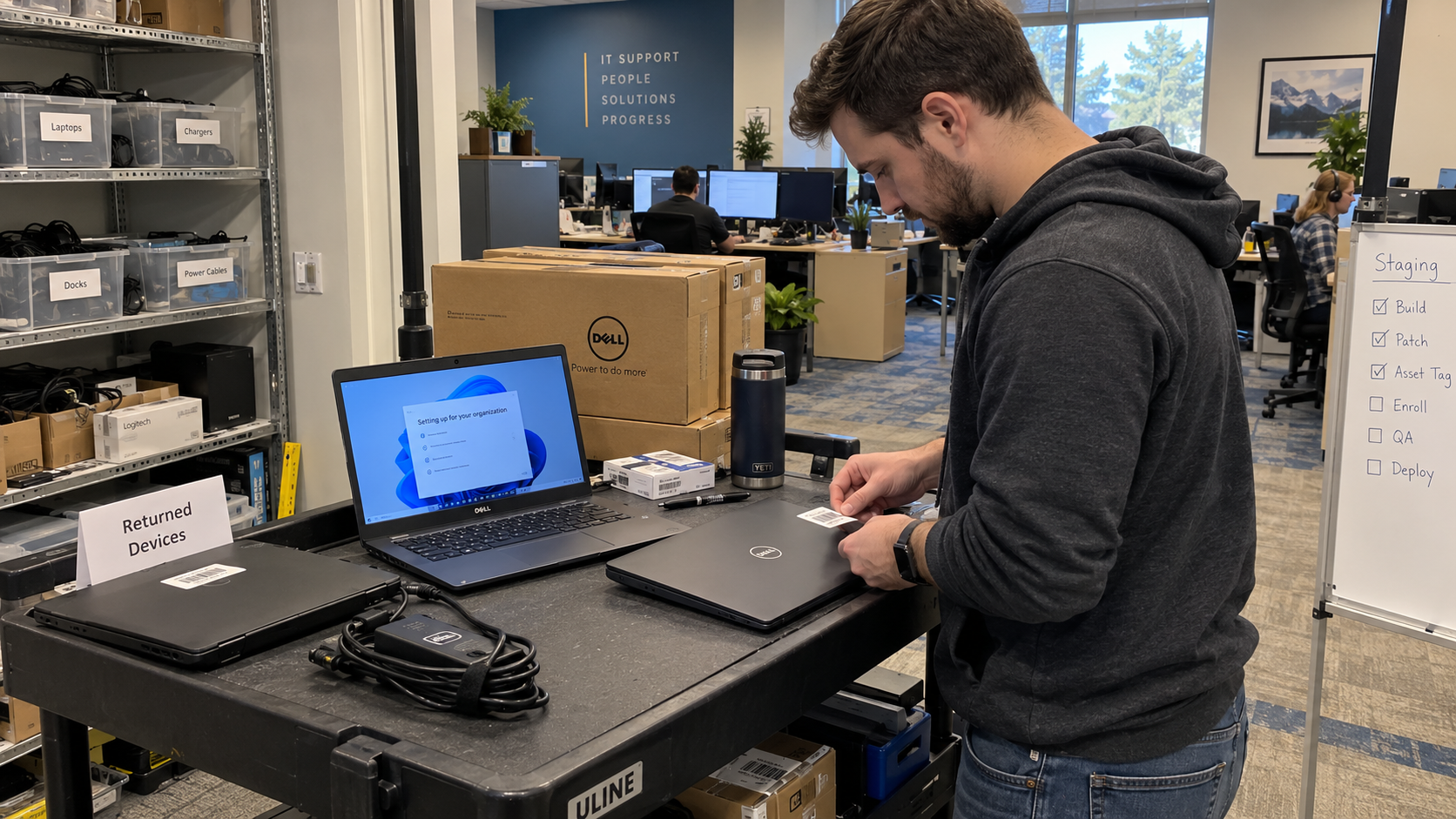 Technician asset-tags a client laptop beside returned devices for an MSP hardware as a service program