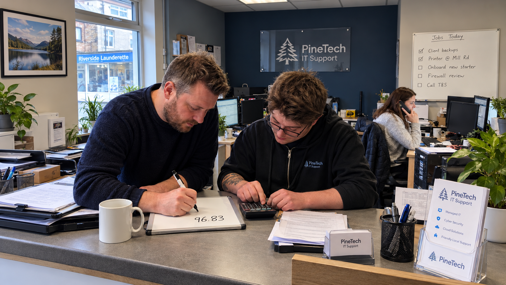 Technician utilization rate planning at an MSP desk, with 96.83 on a whiteboard beside a calculator.