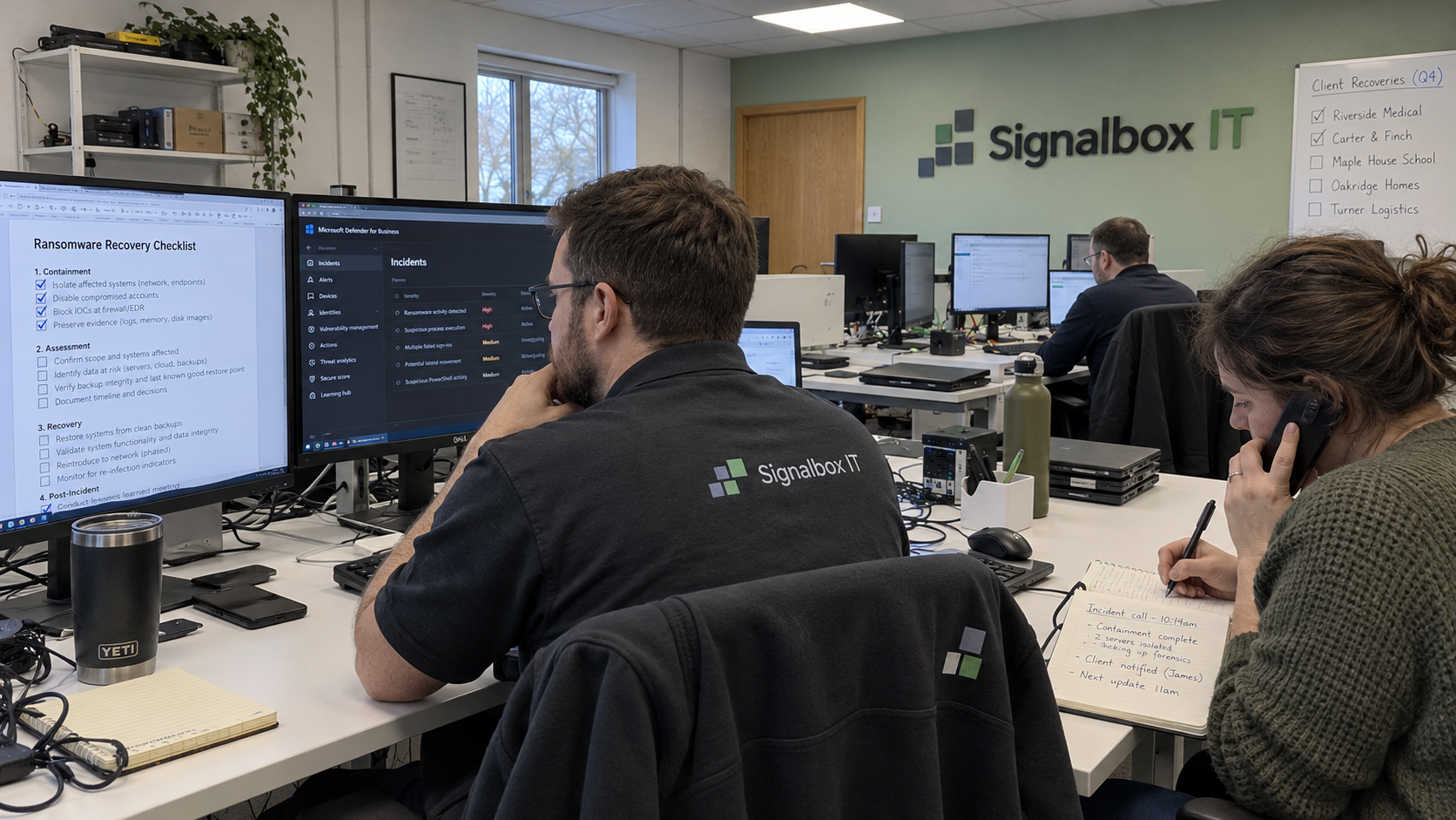 MSP colleagues use a ransomware response checklist during a recovery rehearsal at their support desks