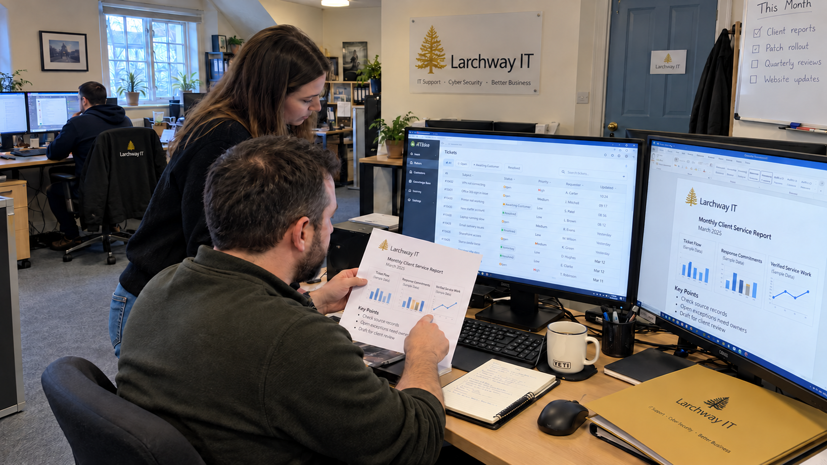 Two MSP colleagues compare a printed monthly service report with ticket records and charts on dual monitors.