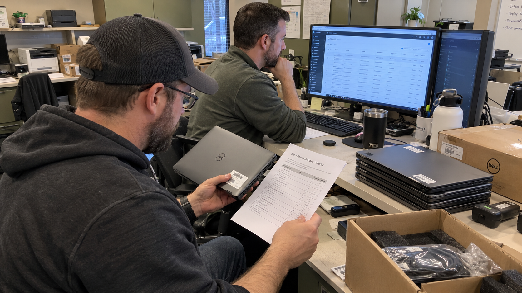 MSP staff compare a client laptop asset label with a handover checklist and device inventory.