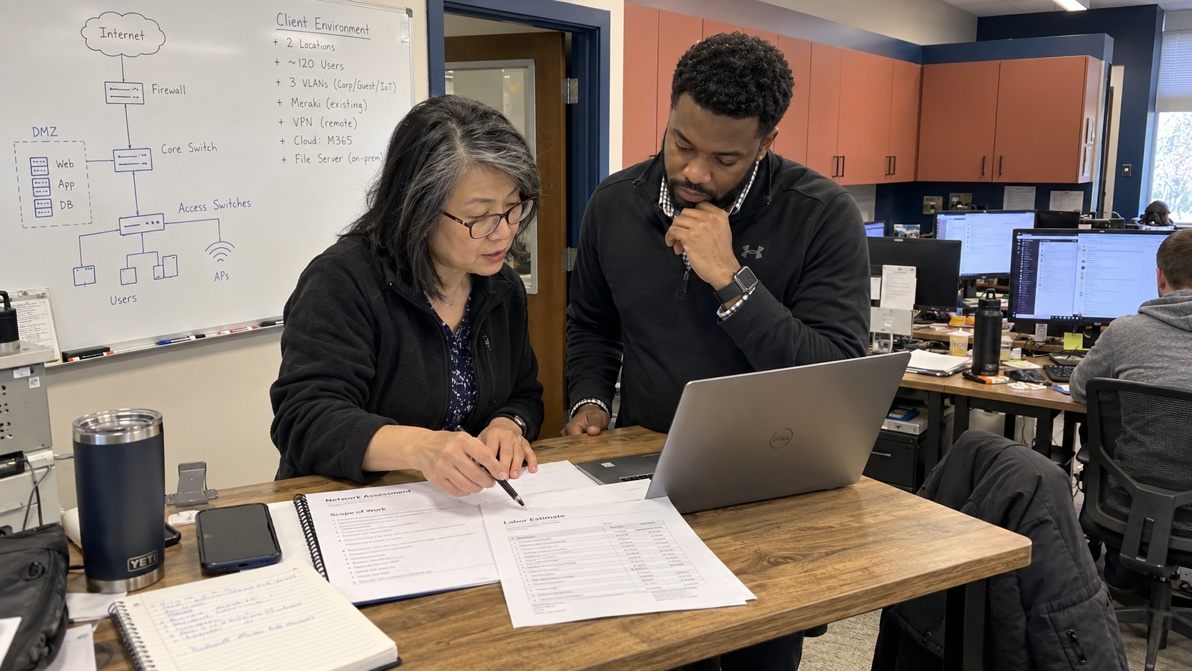 MSP sales engineer and salesperson review scope and labor estimates to set network assessment cost