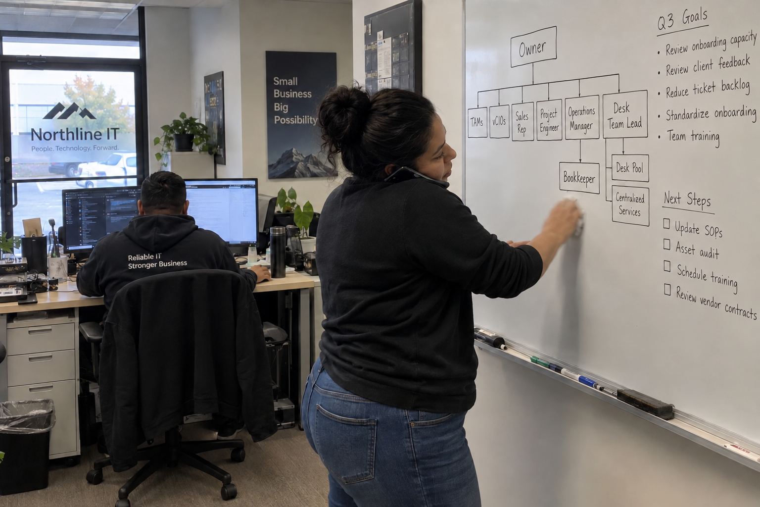 An employee revises a whiteboard org chart beside a colleague at an MSP service workstation.
