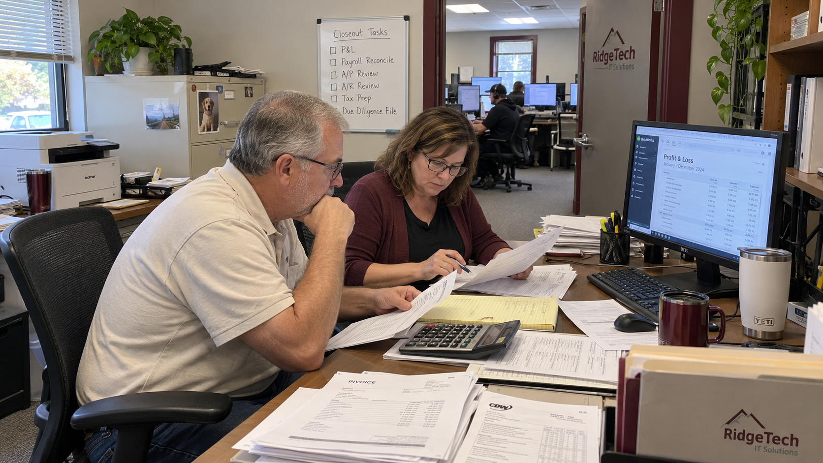 MSP owner and bookkeeper reconcile profit, payroll, and supplier records for sell side due diligence
