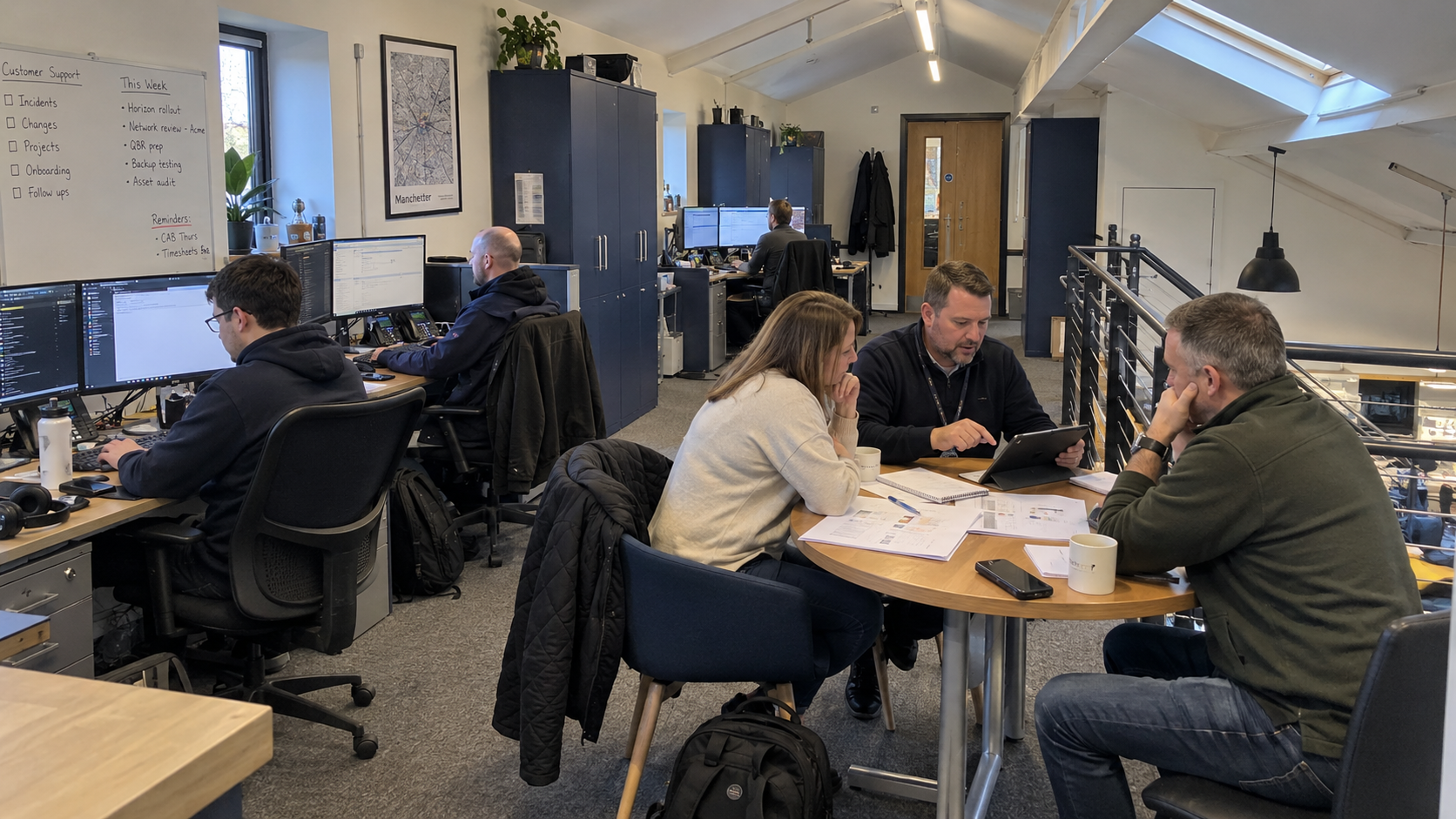 MSP team discusses selling co-managed IT with an internal IT manager over a service worksheet and tablet