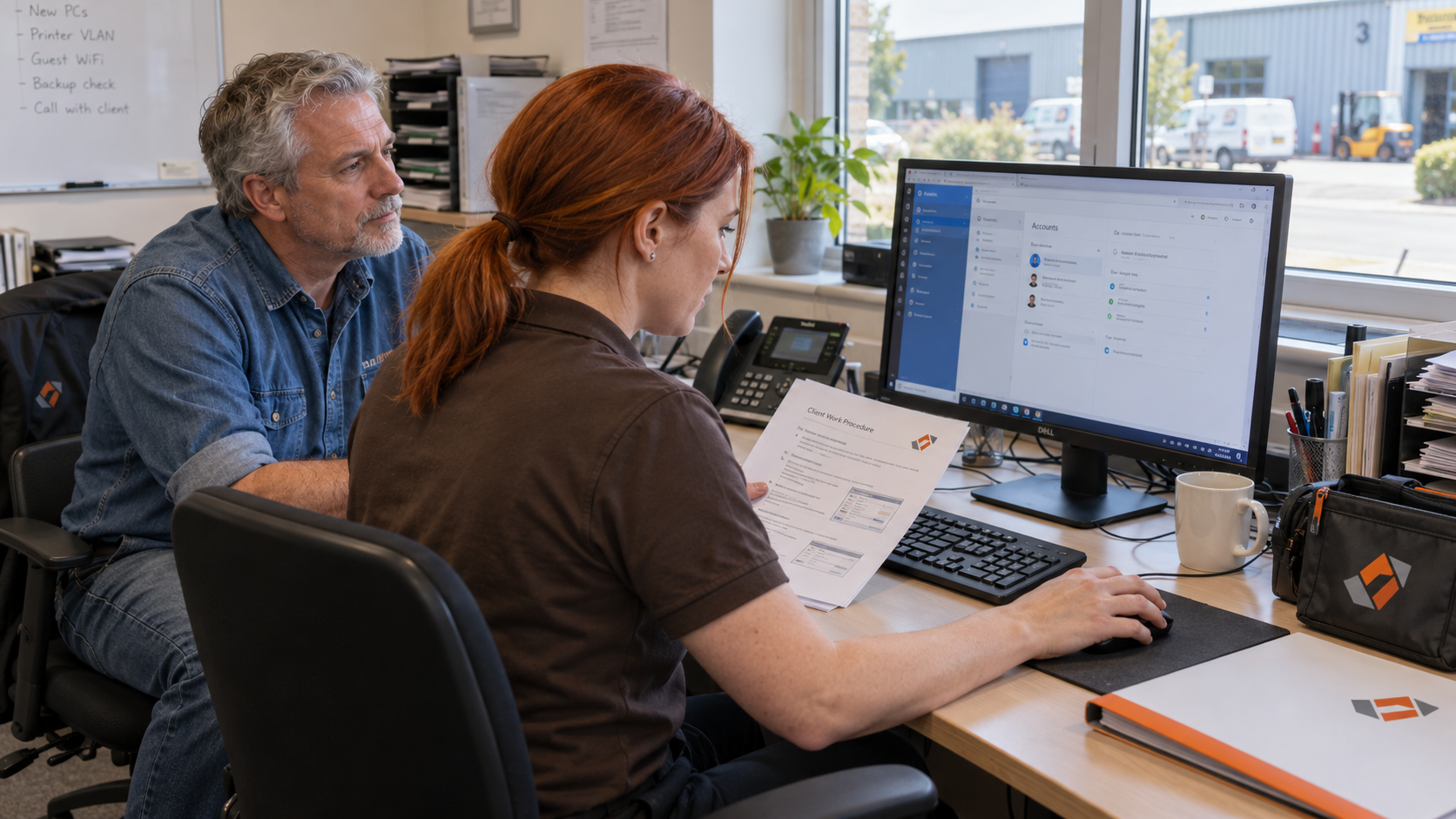 MSP technician follows a client procedure with a peer reviewing the result while cross training employees