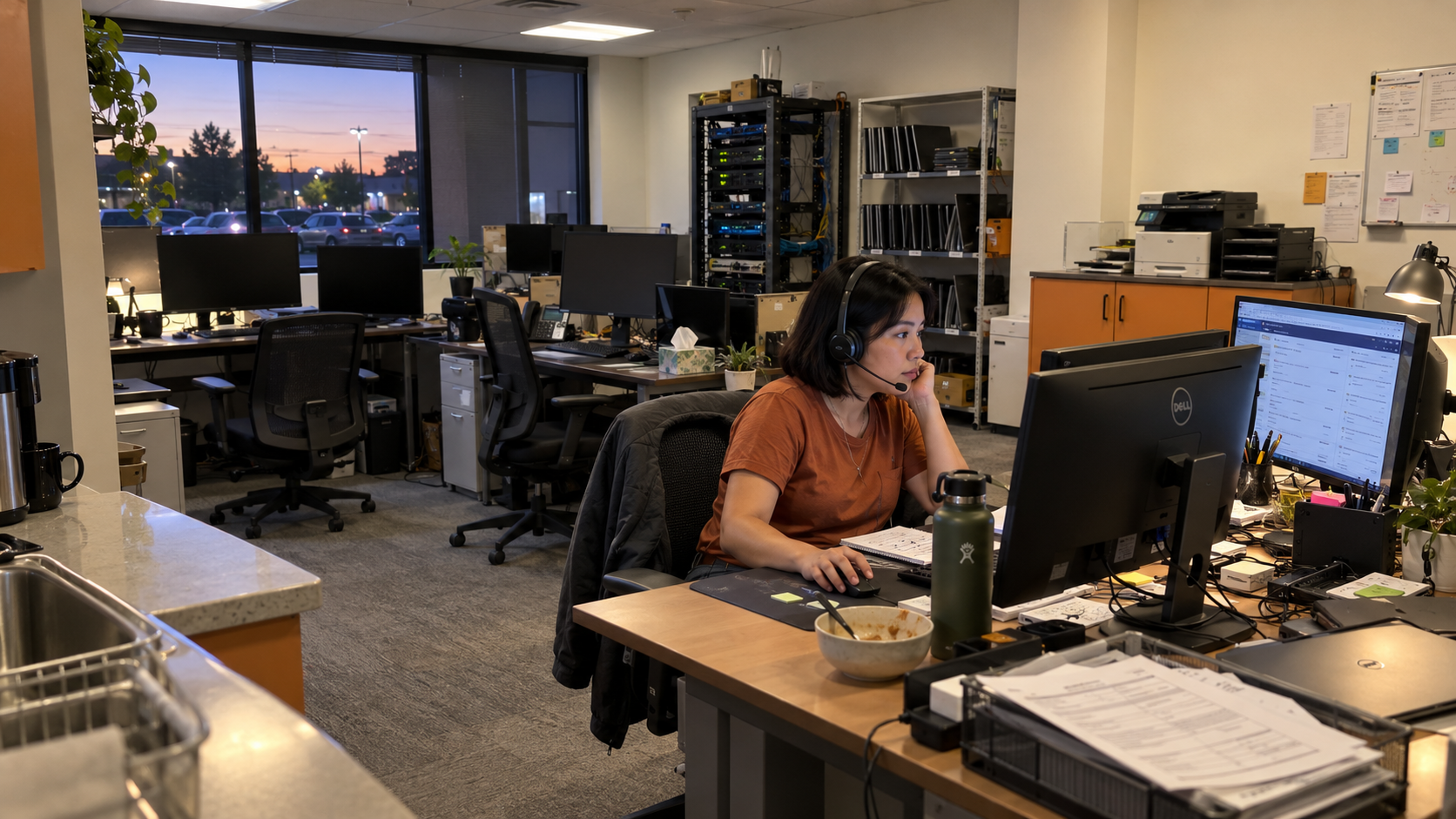 A headset-wearing MSP technician handles an evening support call while the other desks are empty.