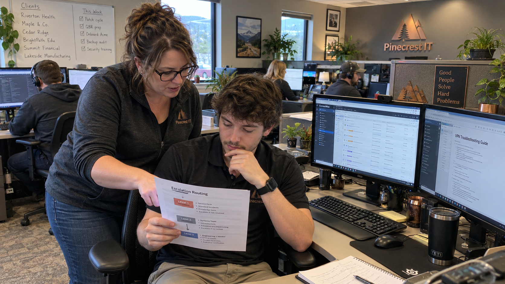 Team lead and technician review an IT escalation matrix beside a support workstation