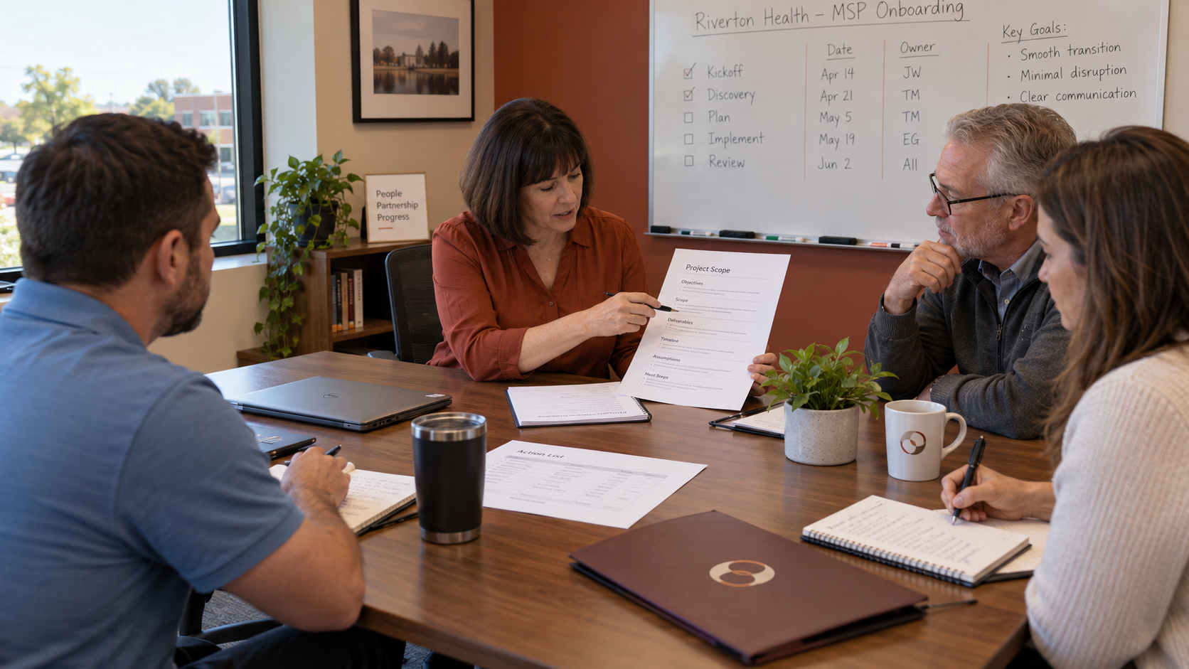 MSP coordinator reviews scope and owners with a client using a project kickoff meeting agenda