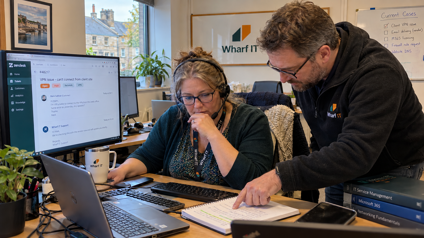 Vendor escalation process review: two MSP technicians check an open support ticket and handwritten case notes