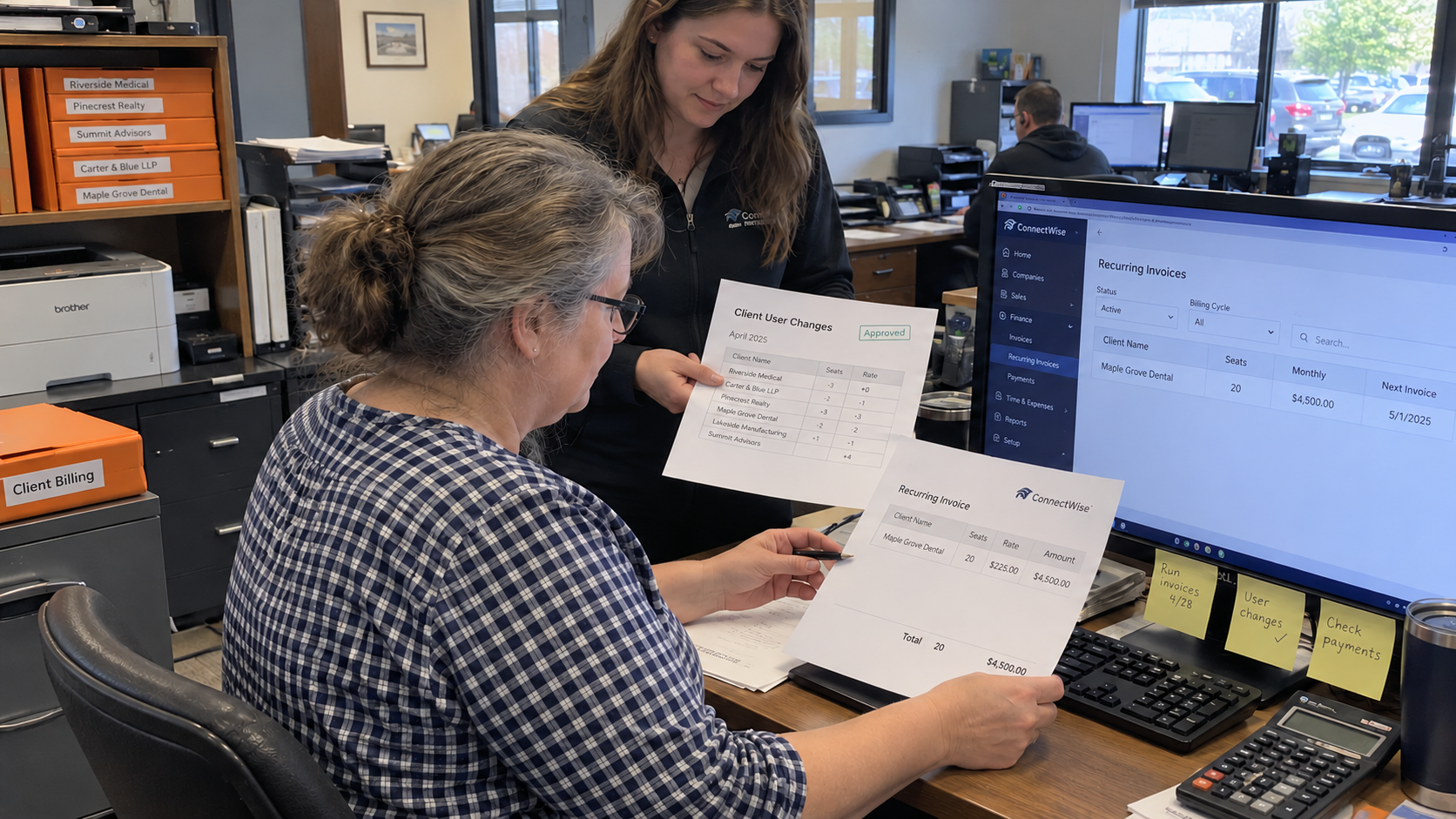 MSP billing staff compare approved user changes with recurring invoice quantities for true up billing