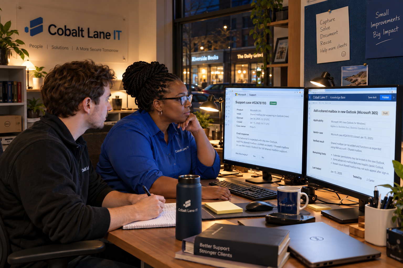 Two colleagues compare a support case and a knowledge-base draft on two monitors.