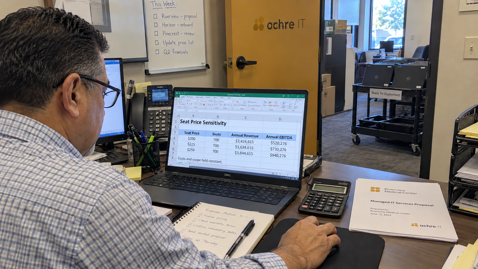 Finance lead compares MSP price per user scenarios and annual EBITDA on a laptop spreadsheet