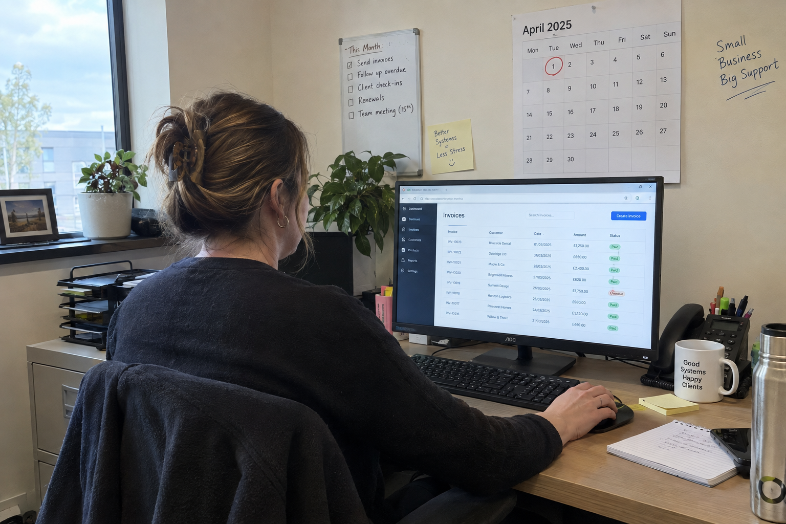 An office manager reviews a checked client list on screen next to a desk calendar with the 1st circled.
