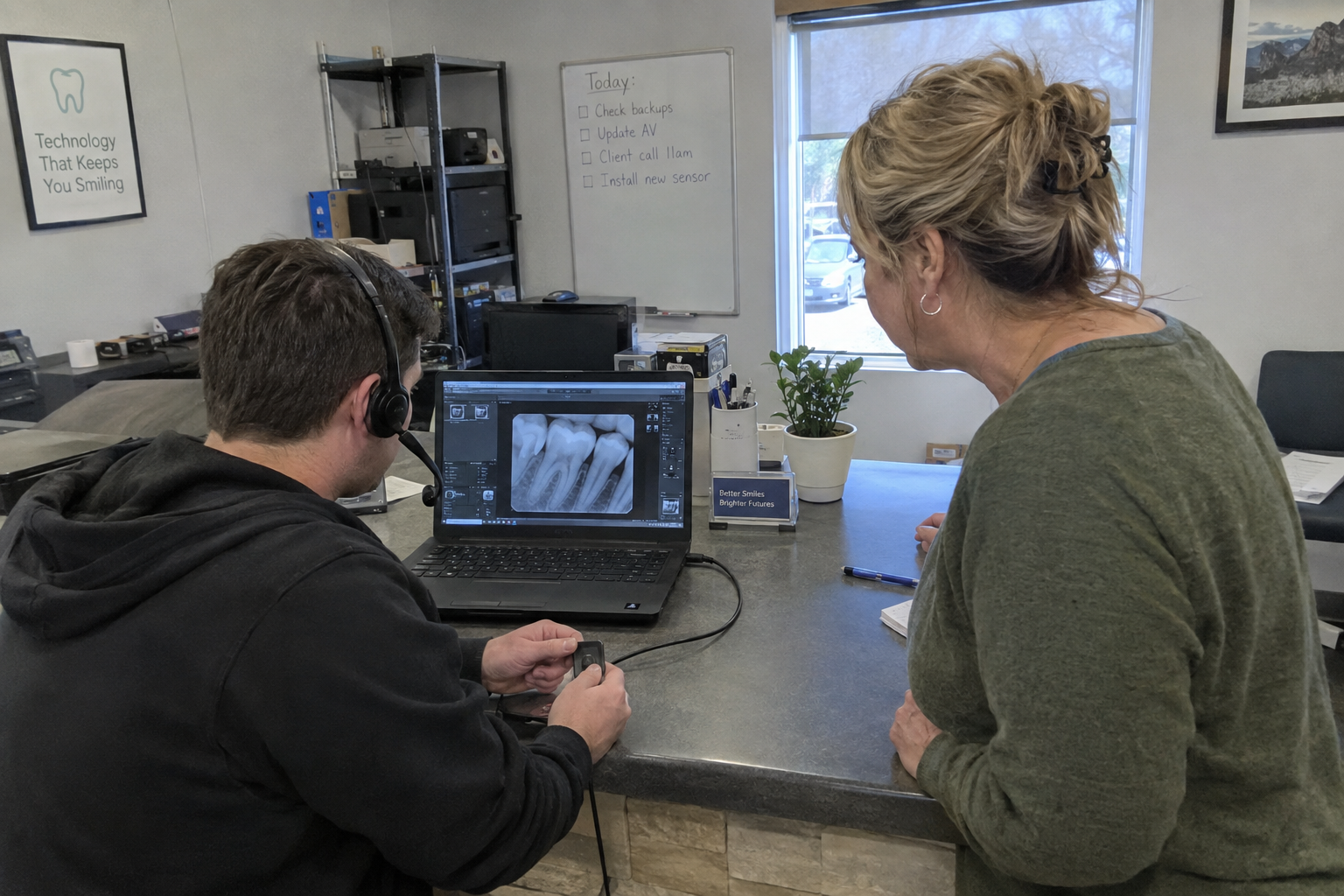 A technician in a polo shirt shows a dental receptionist the scheduling screen at the front desk.