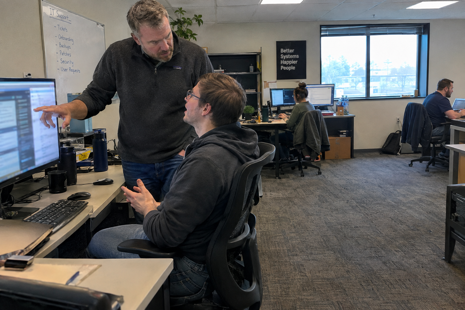 A senior tech points at a laptop screen beside a younger colleague while a coworker works across the office.