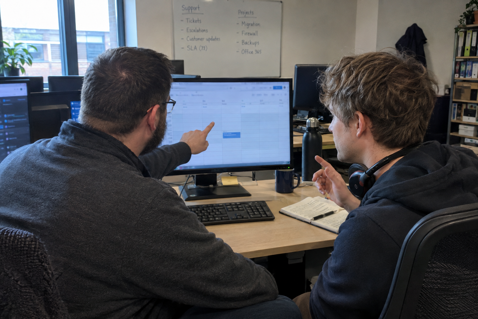 A man points at a highlighted line on a monitor while the woman beside him takes a call on her mobile.