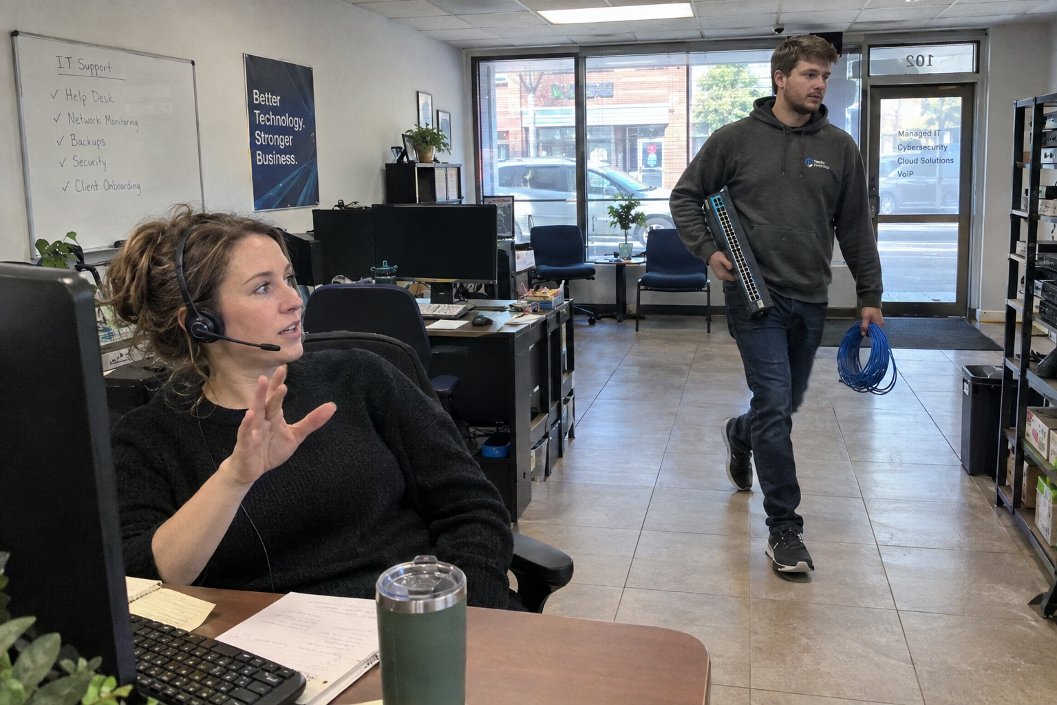 A technician carries a network switch past a desk where a woman on the phone raises her hand to stop him.