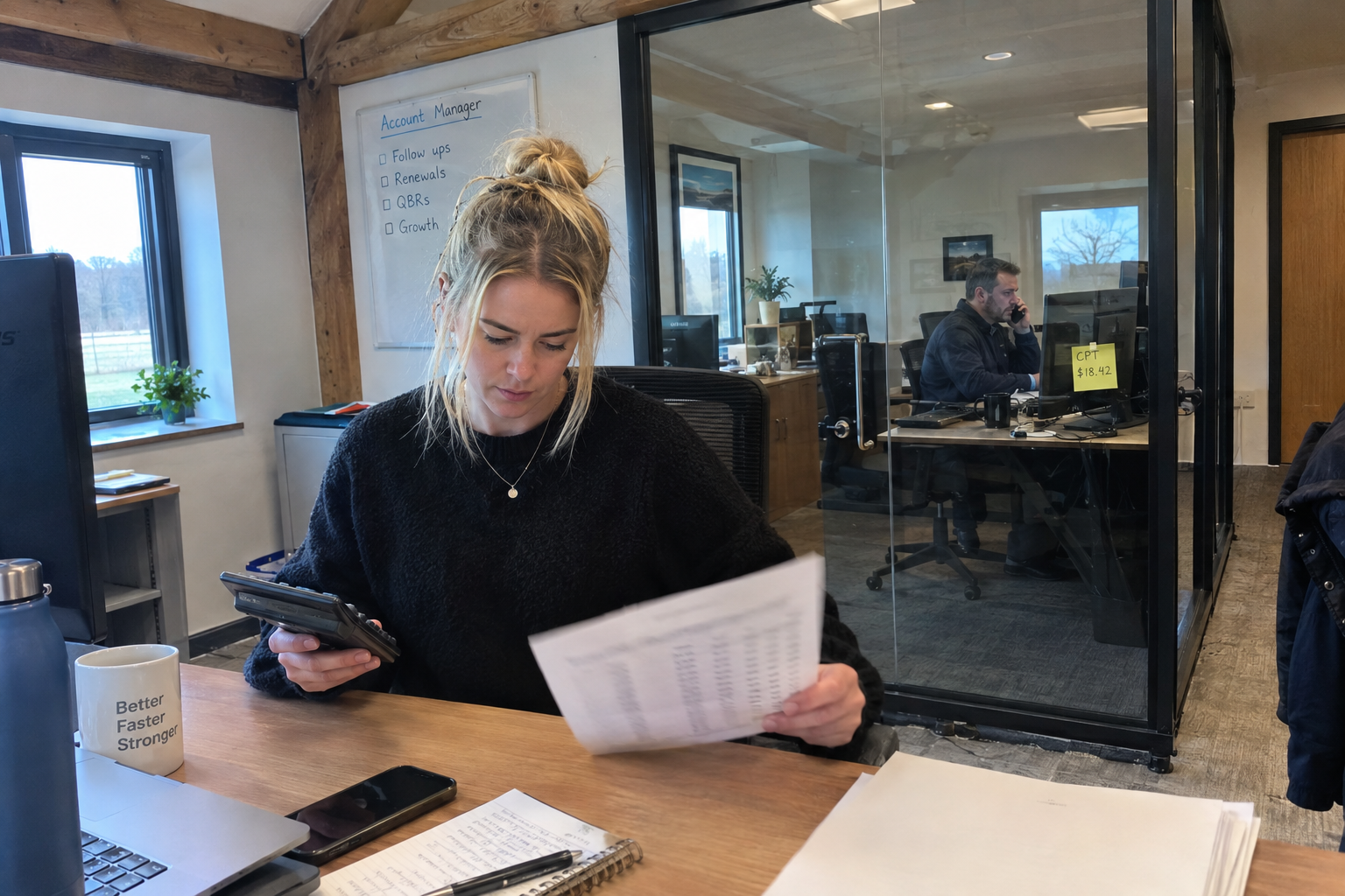 An MSP owner points at a spreadsheet on a colleague's monitor while two technicians work in the background.