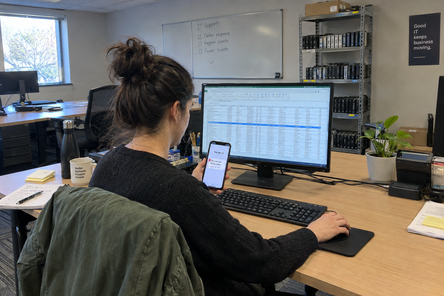 A woman in a blue sweater works on a spreadsheet at a desk in a bright open office beside a shelf of drives.
