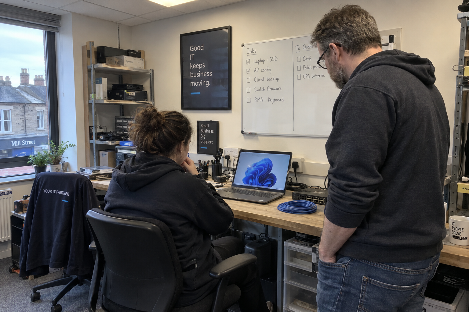 Two MSP technicians review a laptop at a workbench beside a job whiteboard in their office.